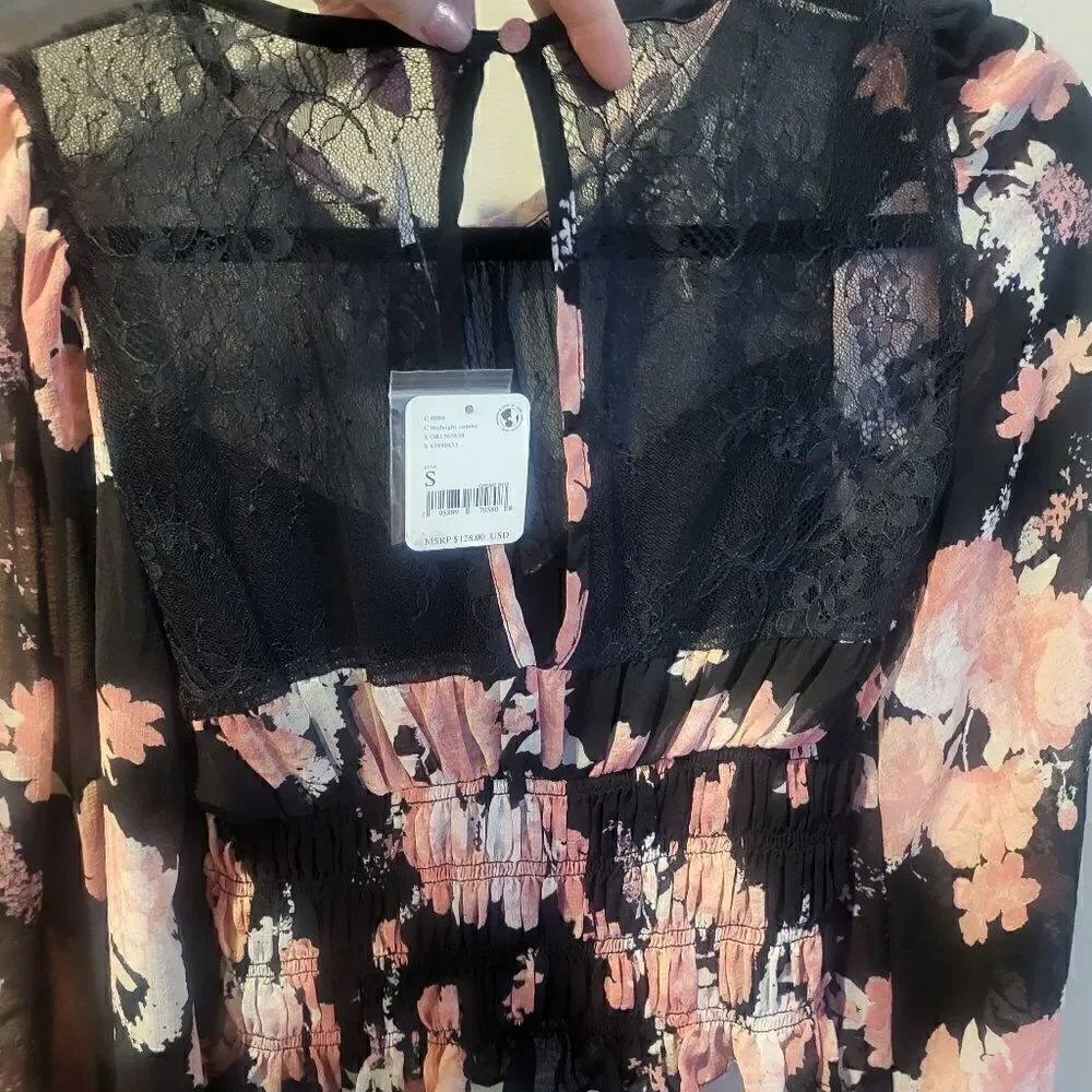 Free People Daphne Blouse Midnight Combo Small Black and Pink Floral
